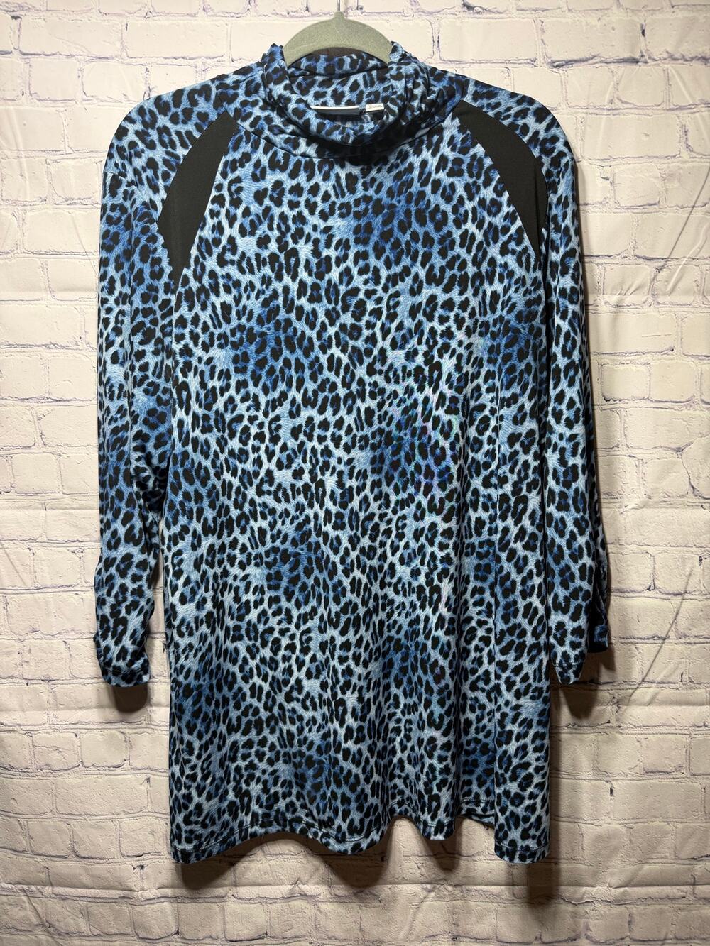 Susan Graver Womens Liquid Knit Leopard Print Cowl Neck Top Blue Sz 1X